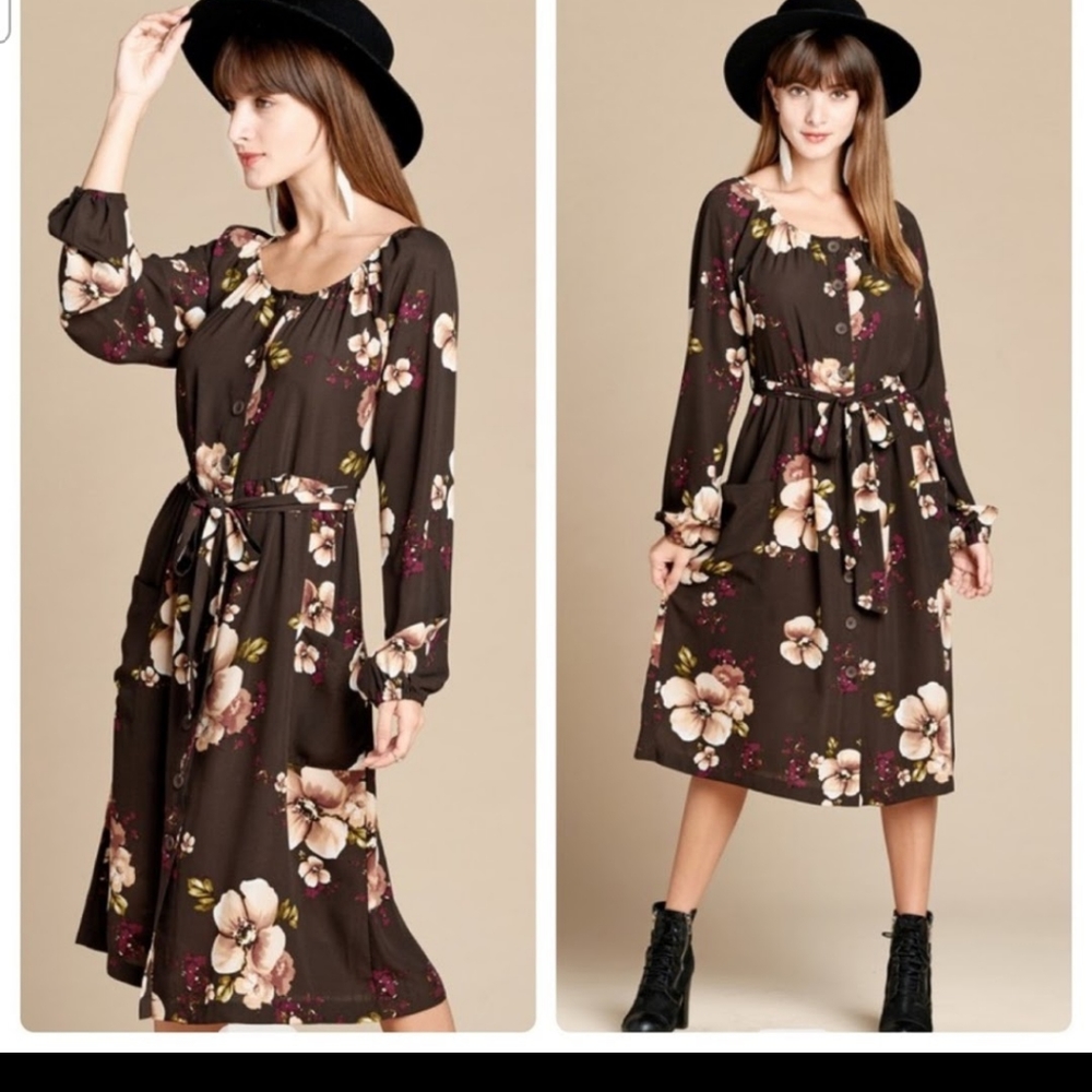 Pocketed and belted peasent girl style floral on dark brown